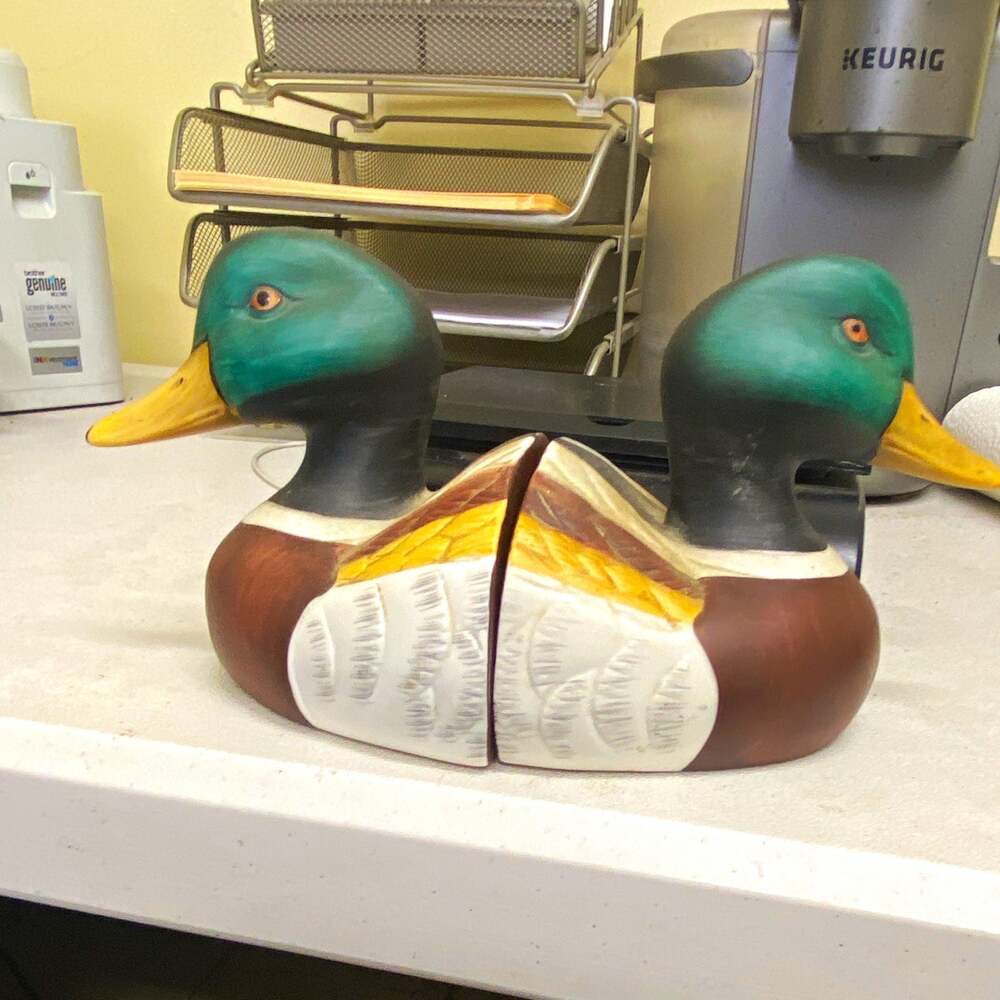 Hand Painted Ceramic Mallard Duck Bookends Pair, Green Brown Yellow Painted